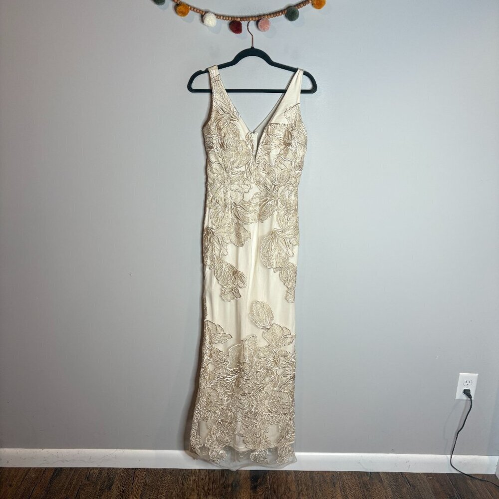 Soieblu cream and gold floral applique formal dress